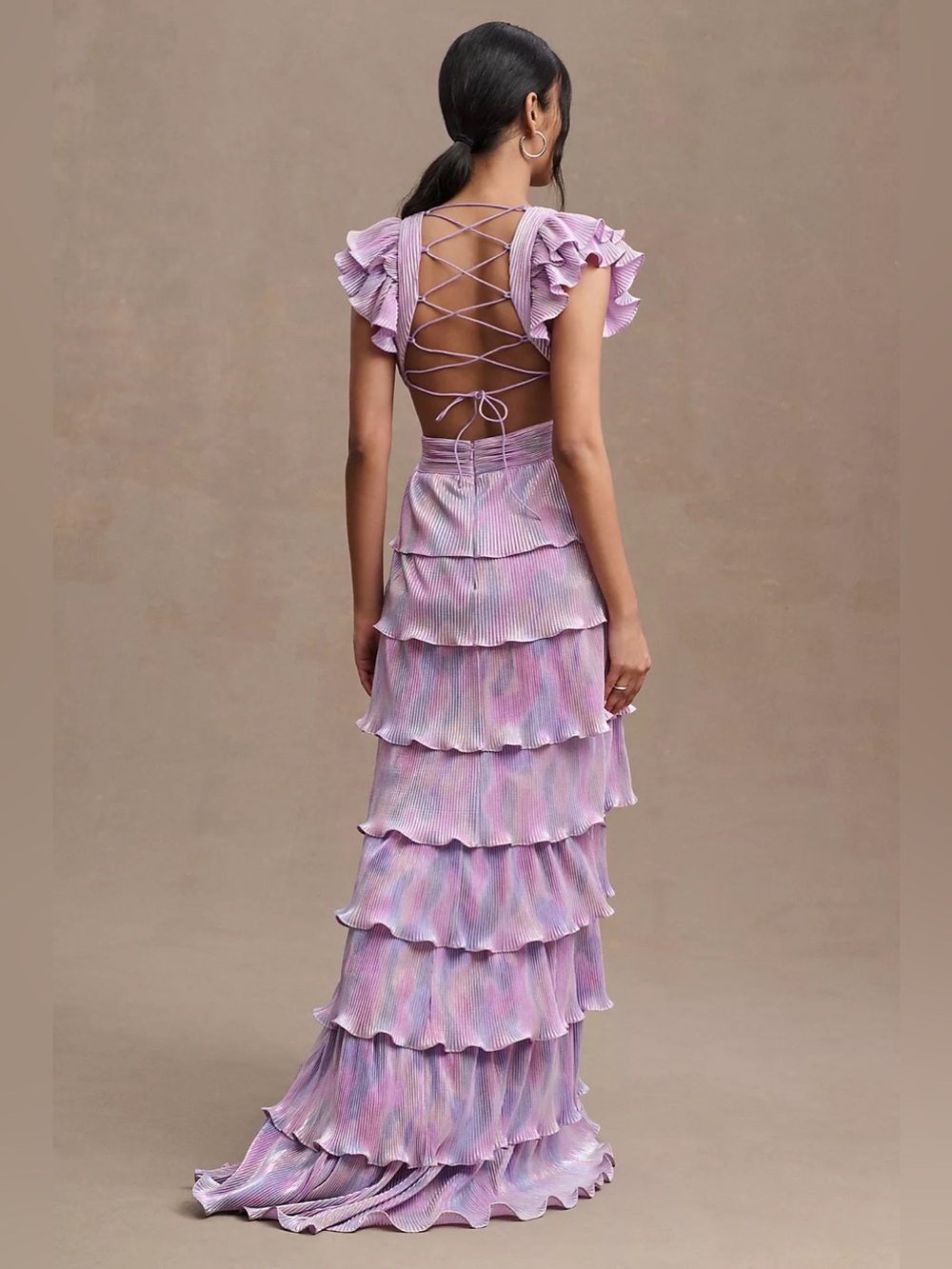 Mac Duggal
Tiered Plissé Lace-Up Flutter-Sleeve Column Gown